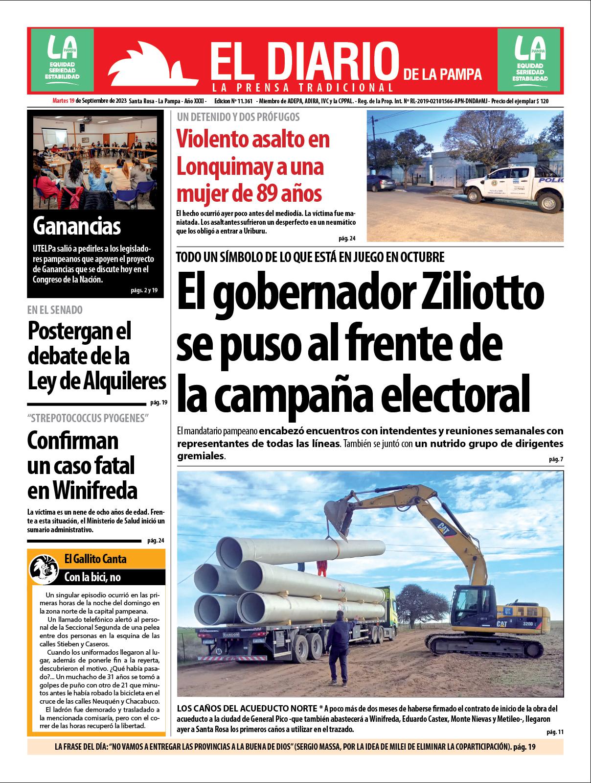 Tapa de El Diario en papel  martes 19 de septiembre de 2023